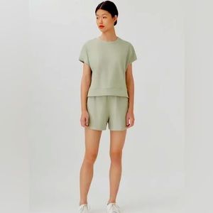 Cuyana 2 piece set French Terry sweatshirt & shorts, Sage, Size L, excel cond